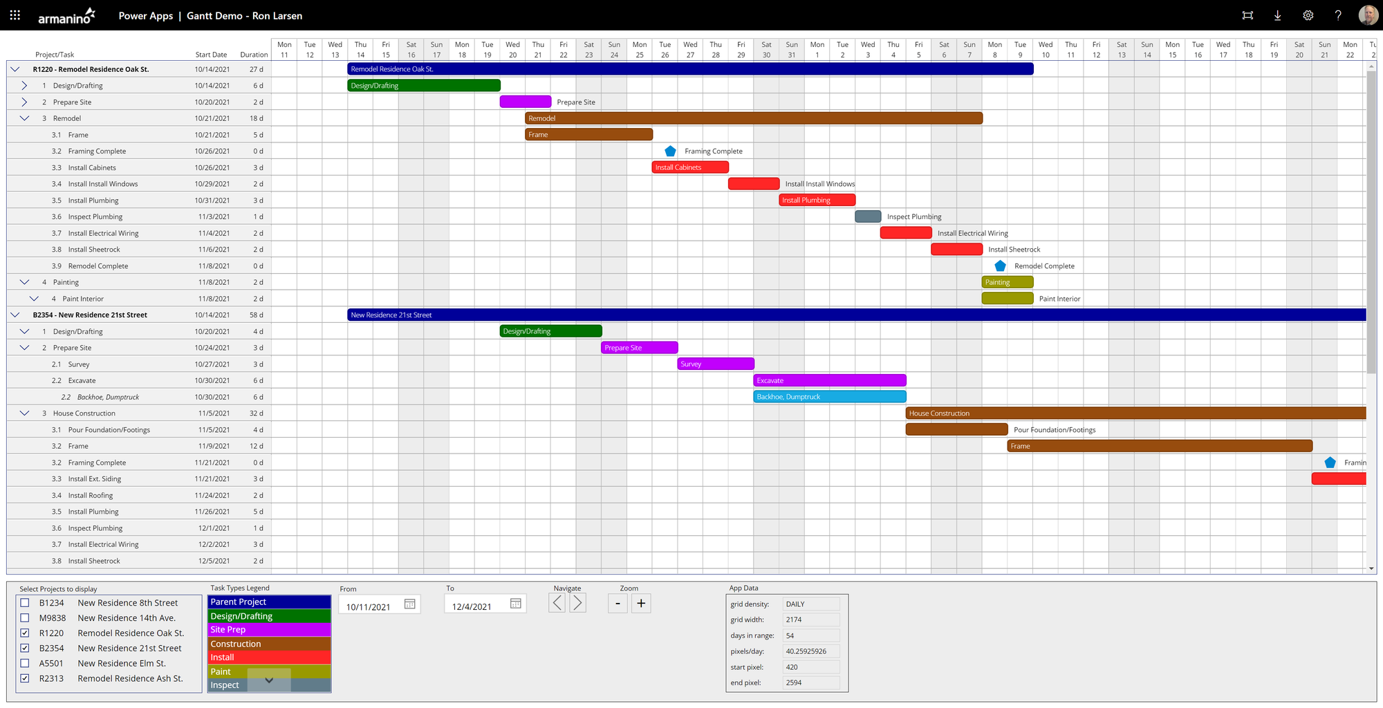 Diagramme de Gantt réalisé avec Power Apps - Ron Larsen - 2021