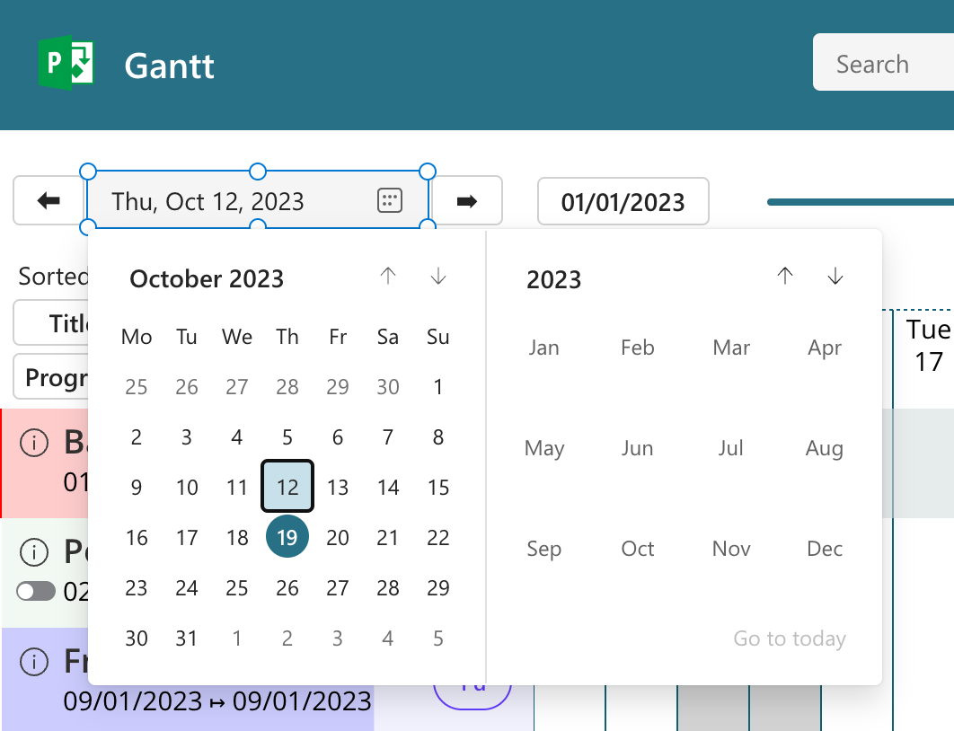Choix d'une date par un calendrier ou des boutons précédent/suivant