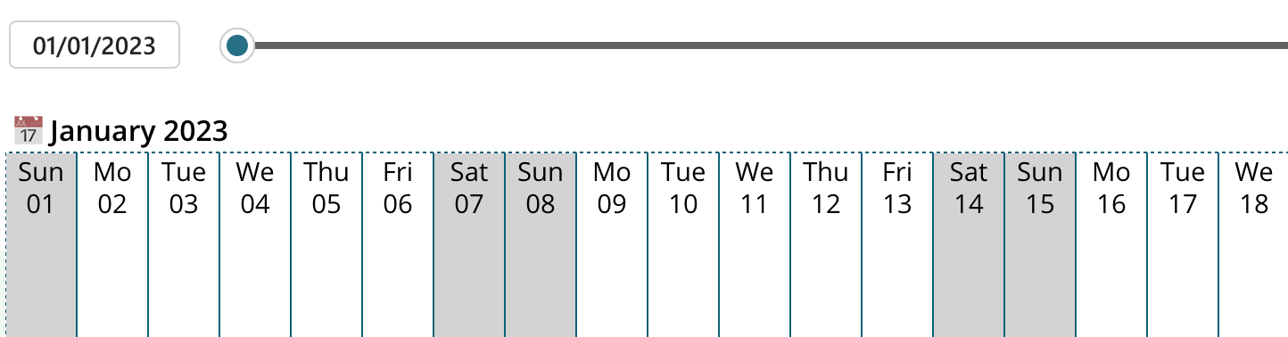 Slider pour changer la date ou bouton 01/01/2023 pour revenir au premier jour