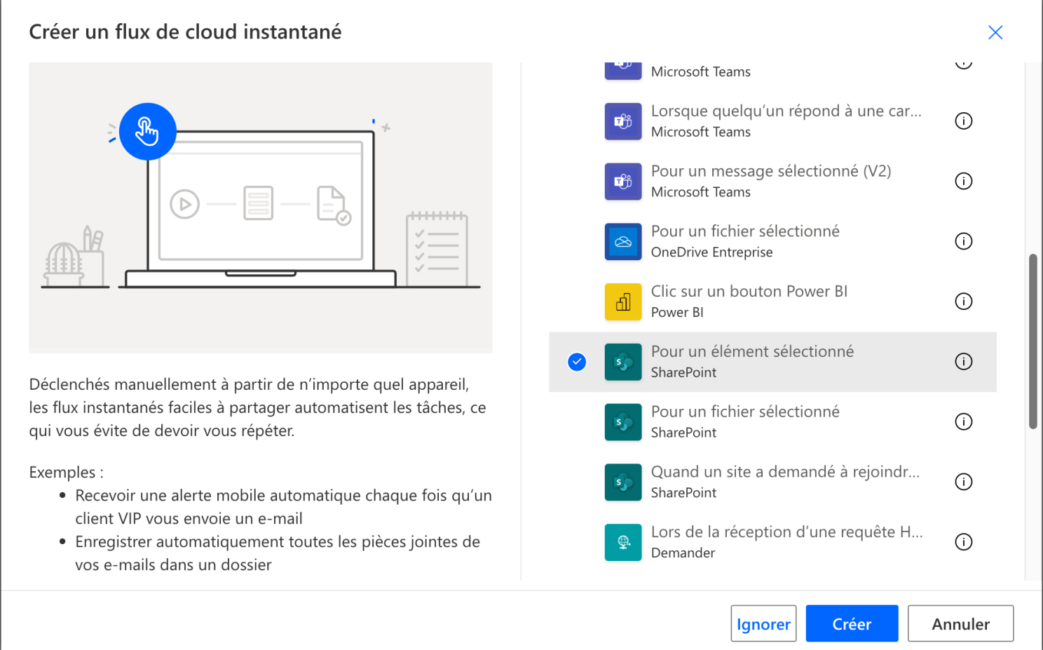 Déclencheur Pour un élément sélectionné - SharePoint