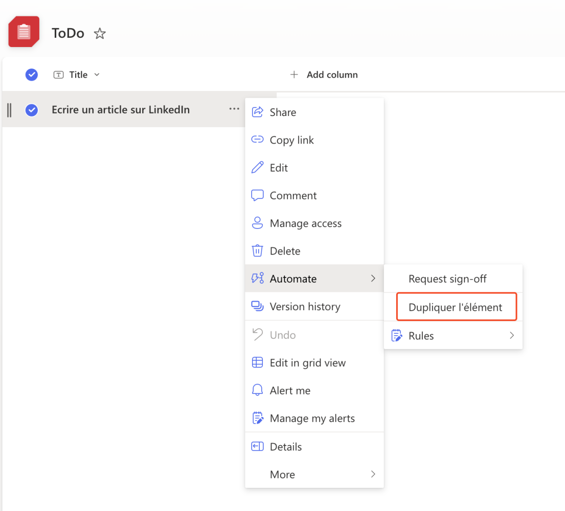 Le flux est présent dans le menu Automatiser