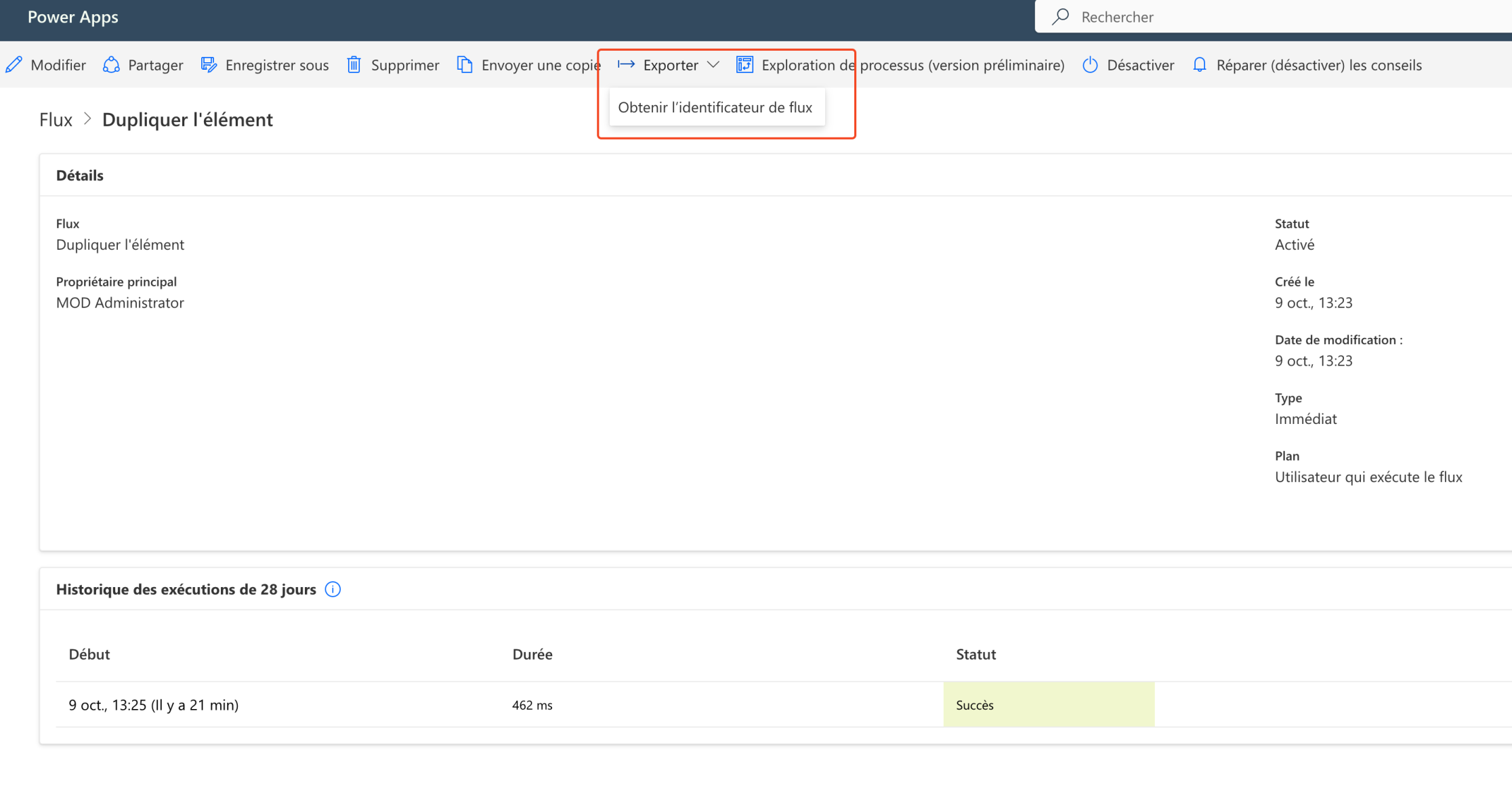 L'id du flux s'obtient depuis l'interface Power Automate