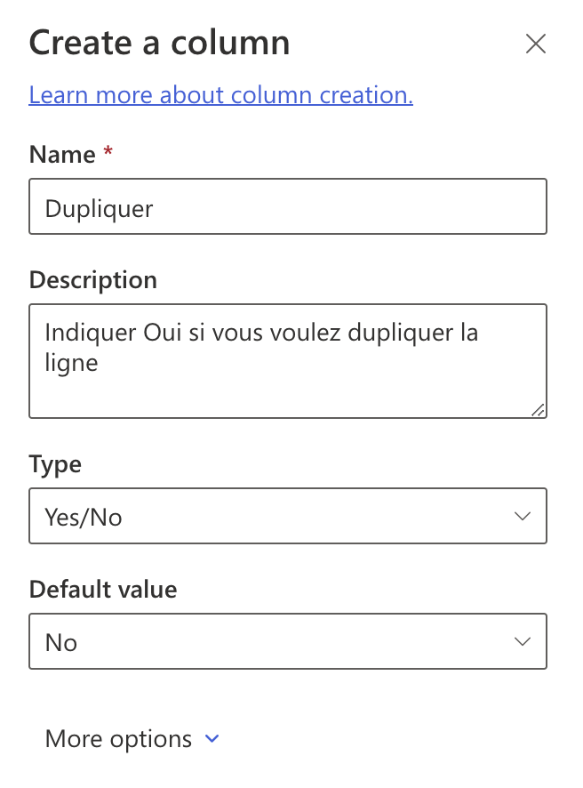 Création d'une colonne Oui/Non